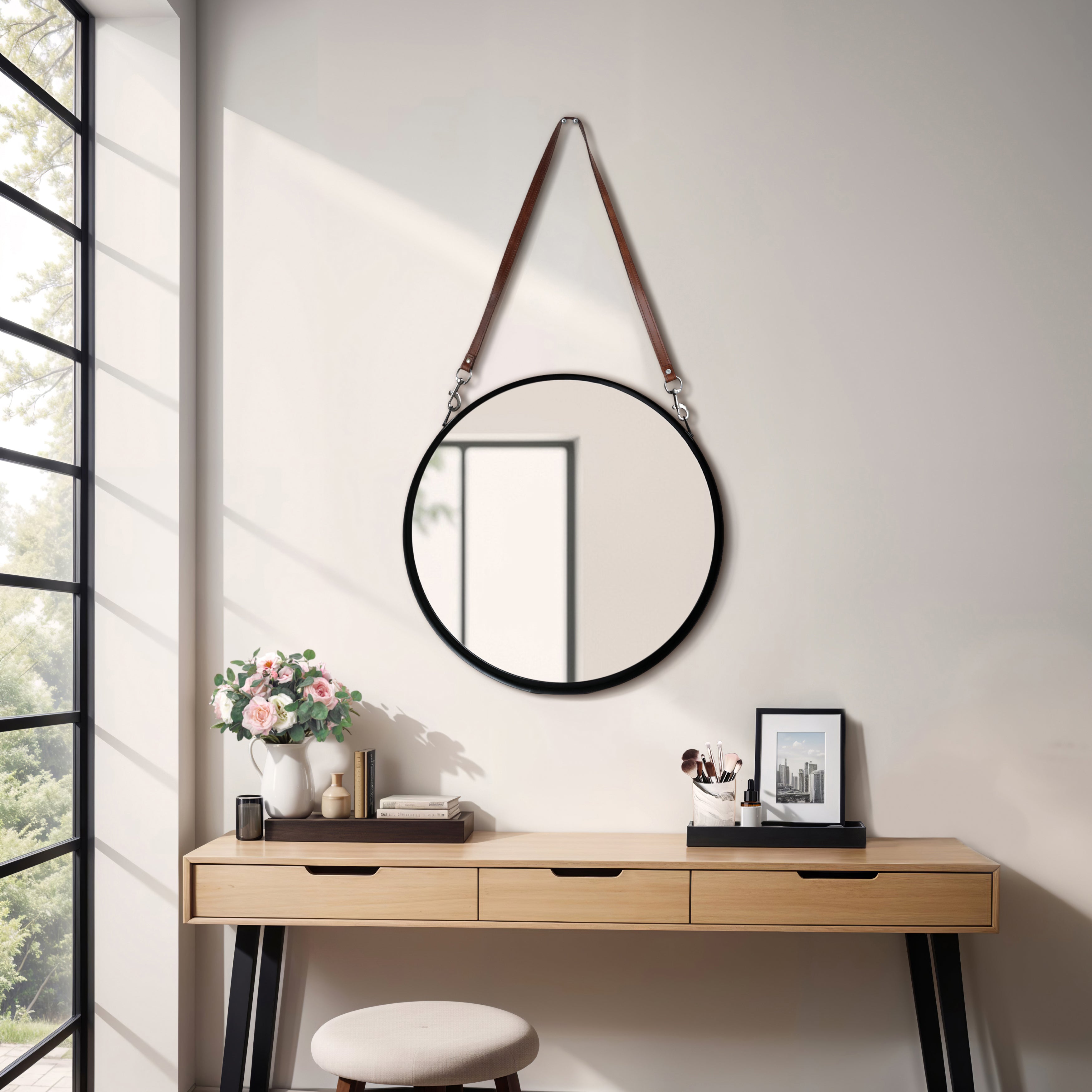 Round Leather Strap Wall Mirror
