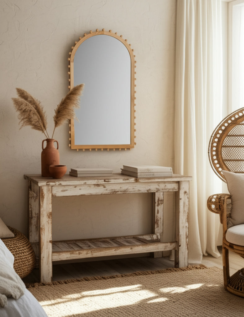 Arched Wood Beaded Wall Mirror