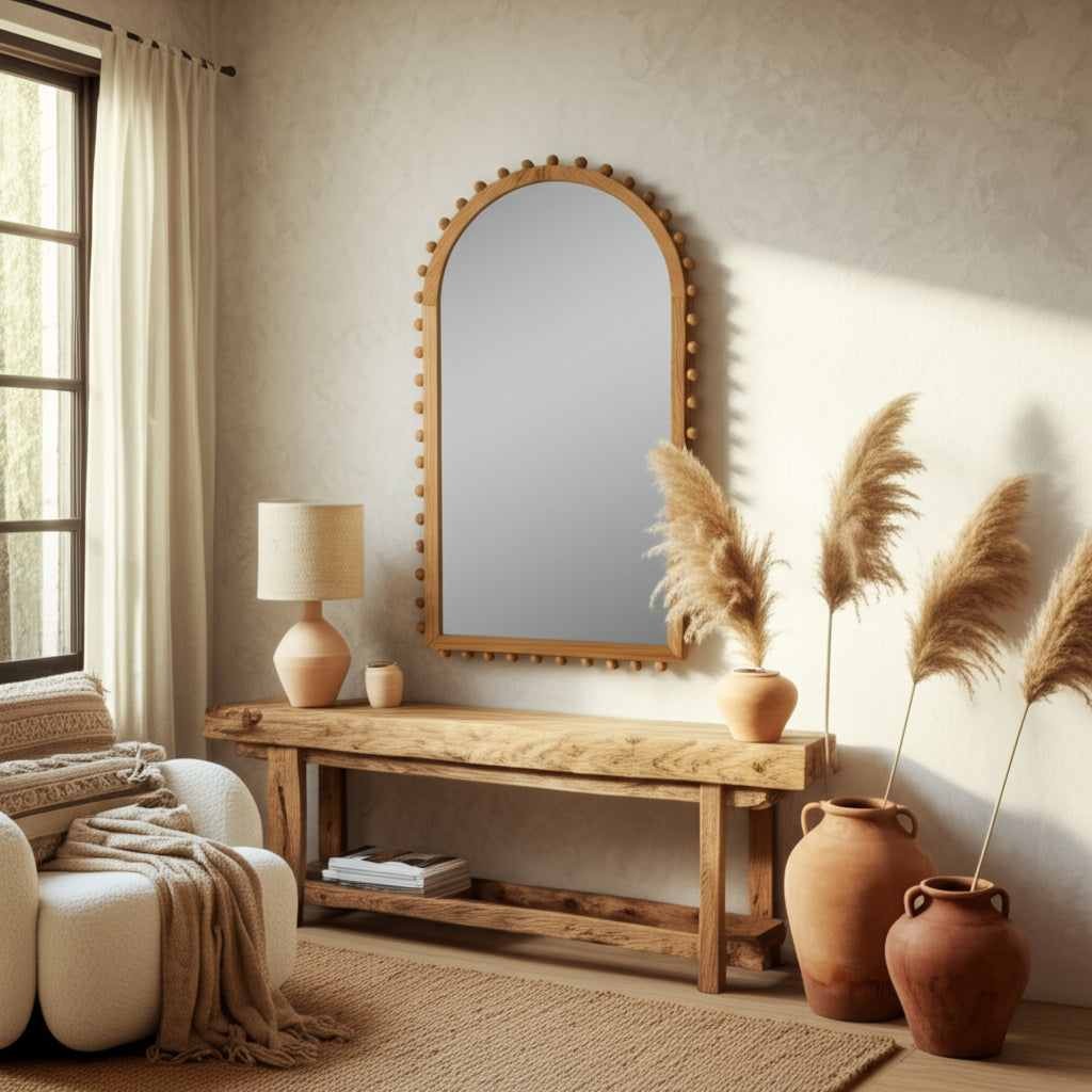Arched Wood Beaded Wall Mirror