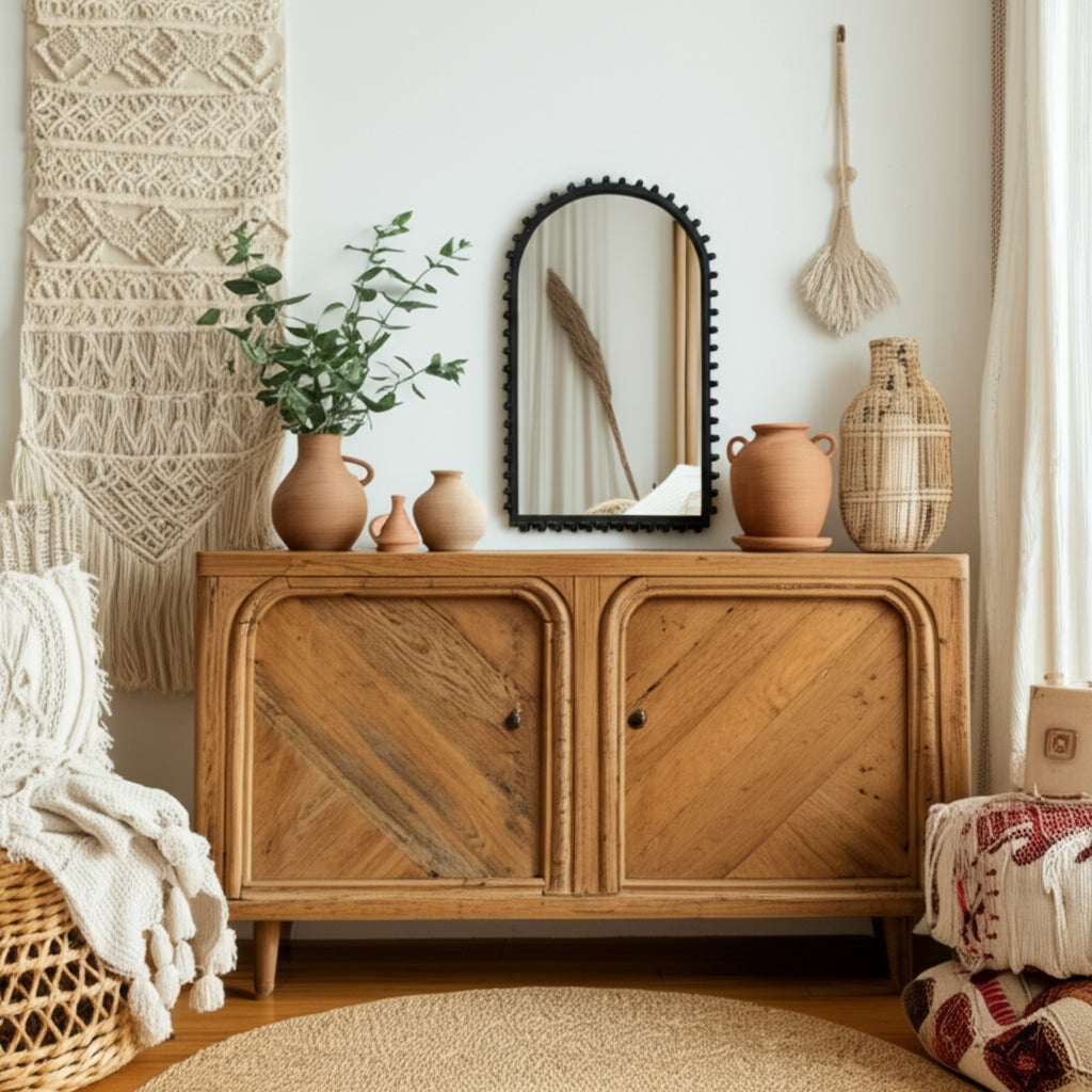 Arched Wood Beaded Wall Mirror