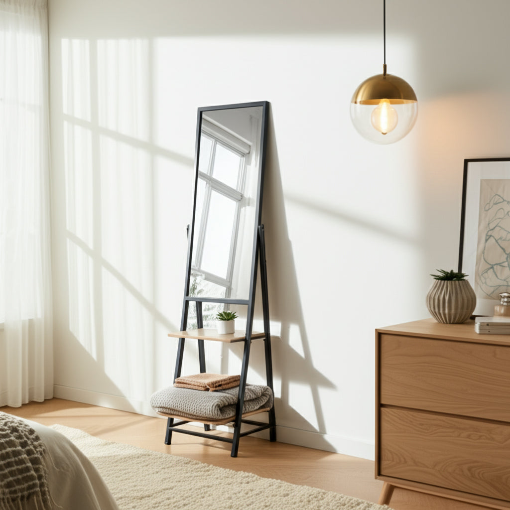 Denver Standing Mirror W/ Wood Shelves
