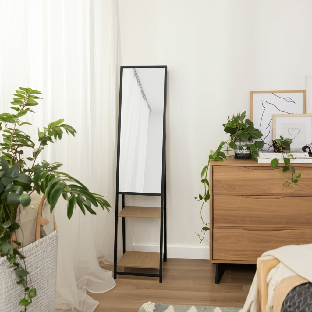 Denver Standing Mirror W/ Wood Shelves
