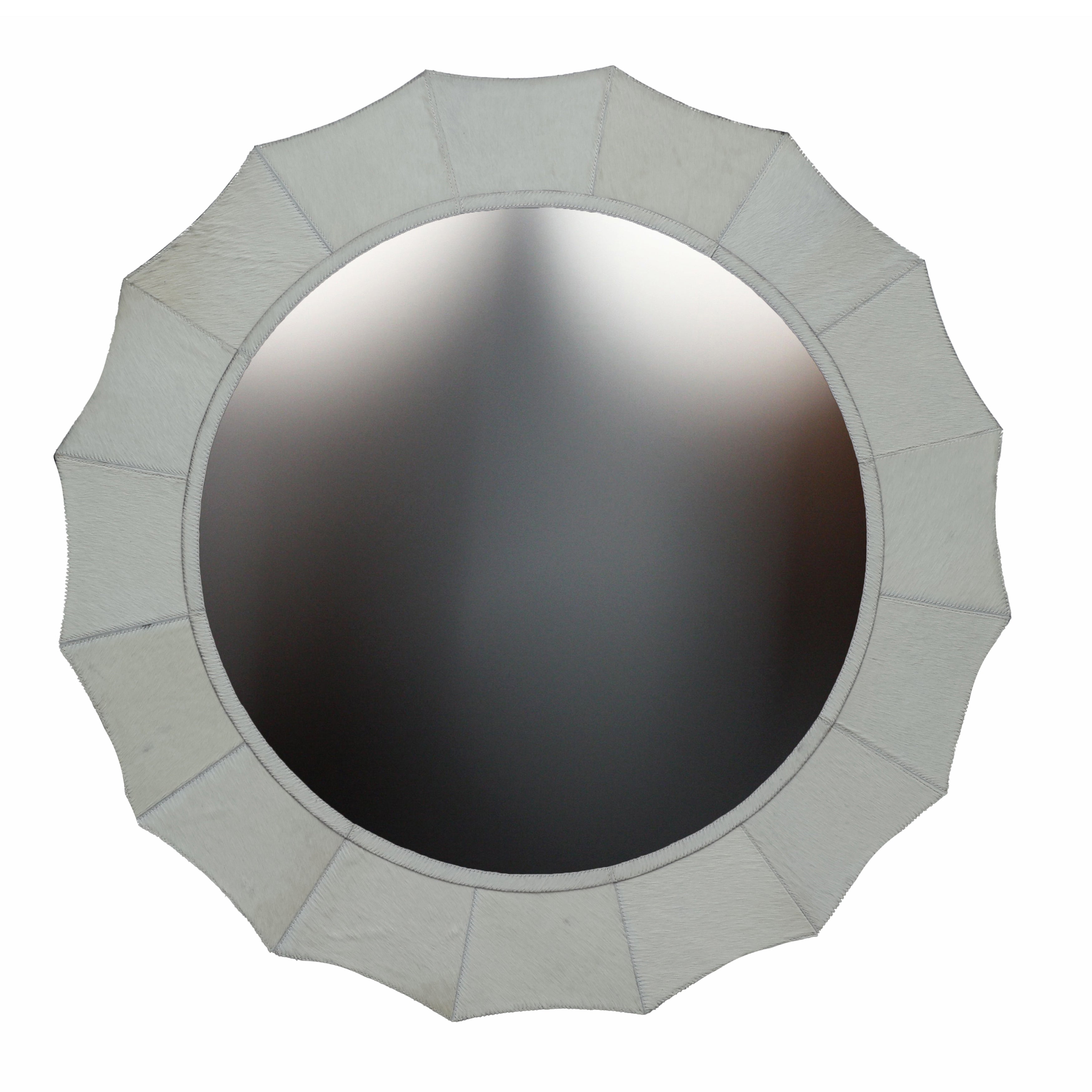 Round Ivory Inverted Scallop Hair On Hide Wall Mirror