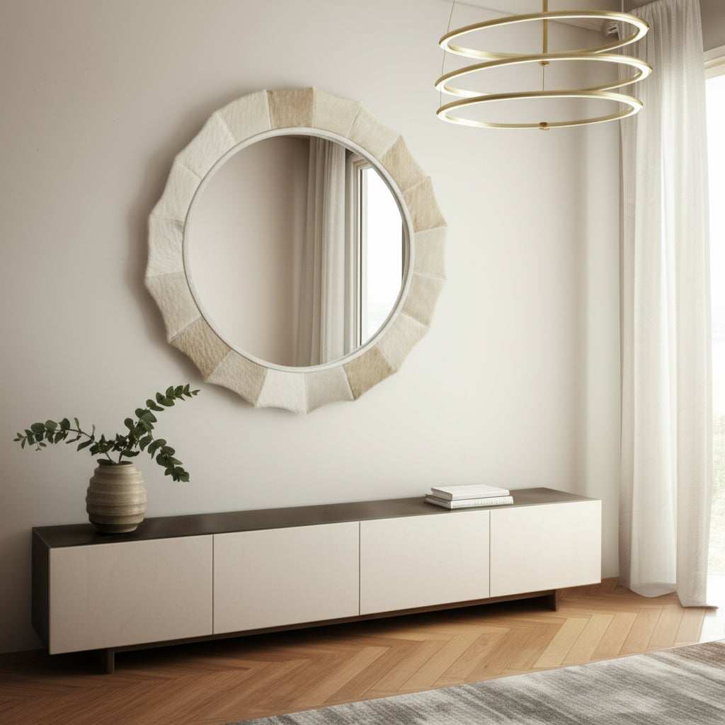Round Ivory Inverted Scallop Hair On Hide Wall Mirror